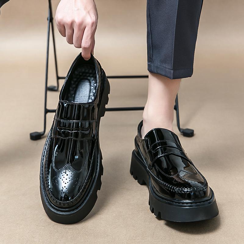 Fashion New Black Patent Leather Loafers Platform Men Shoes Round Toe Solid Slip-On Size 38-44 Mens Shoes