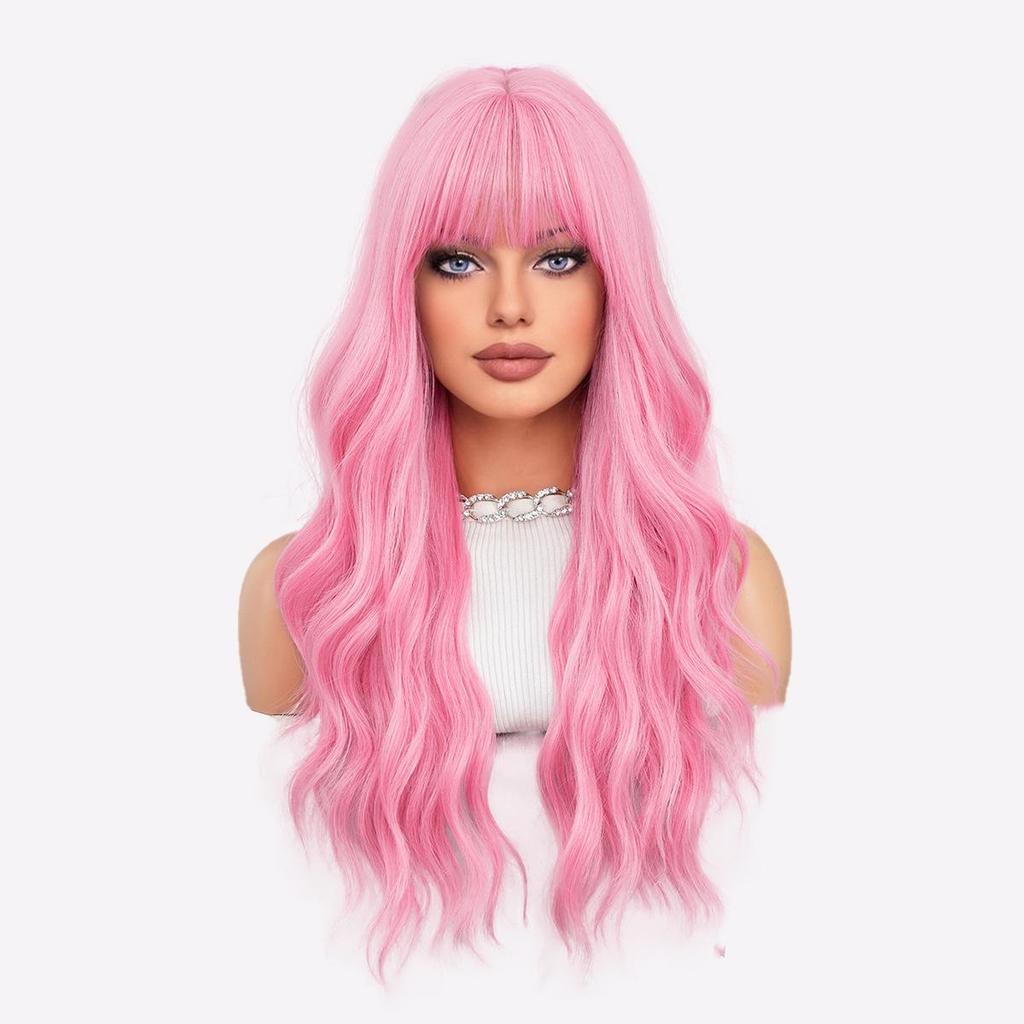 Vibrant Orange Ginger Wig - 26" Heat Resistant Loose Waves with Blunt Bangs, Platinum & Pink Balayage Synthetic Hair for Cosplay & Parties