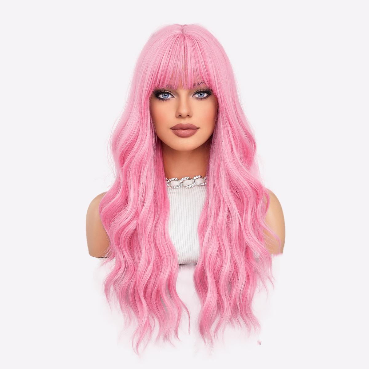 

Яркий парик цвета рыжего апельсина - 26 дюймов, термостойкие свободные волны с прямой челкой, платиновые и розовые синтетические волосы в стиле балаяж для косплея и вечеринок 64cm 25.19inch розовый