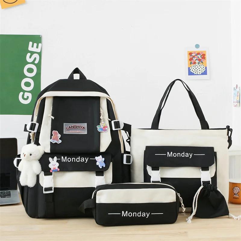 5pcs Sets Children's School Backpack Kawaii Women's Bagpack Bookbag Laptop Bag for Teens Girls  Students Totes Sac