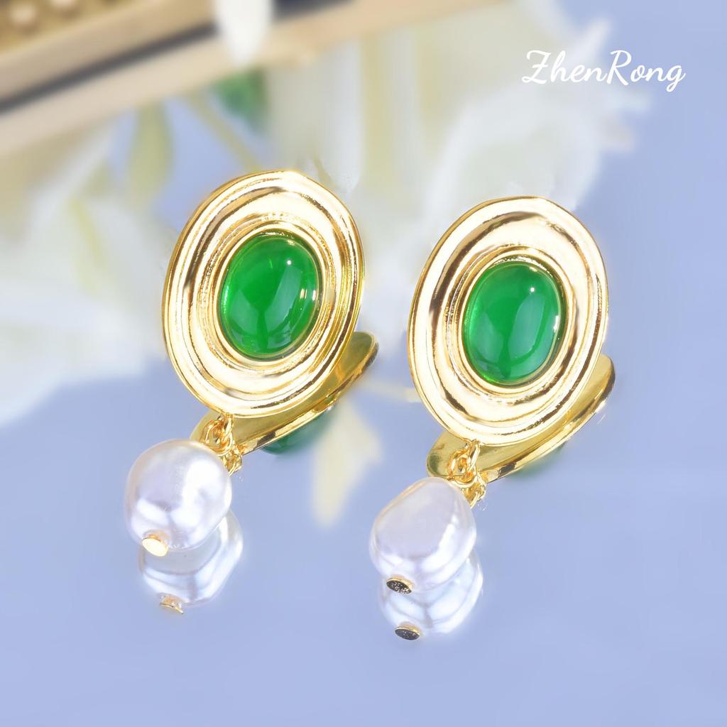 Vintage Barock-Ohrringe aus grünem Glas und Perlen