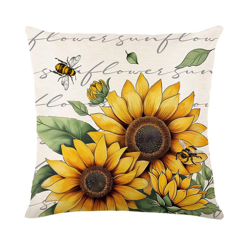 Sunflower Pillow Cover Linen Printed Summer Bee Pillow Cover for Living Room Sofa Cushion Cover
