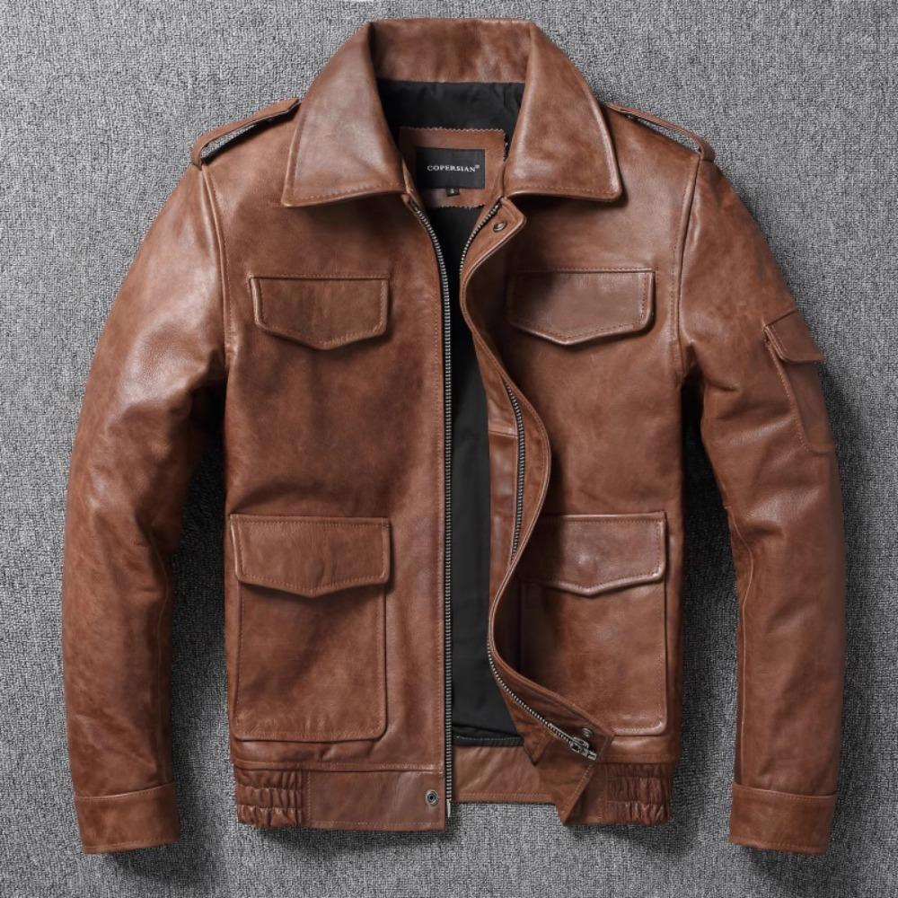 Chinese Size Brown Black Real Cowhide M65 Hunting Leather Jacket Men Genuine Leather Coat Winter Pockets Jackets