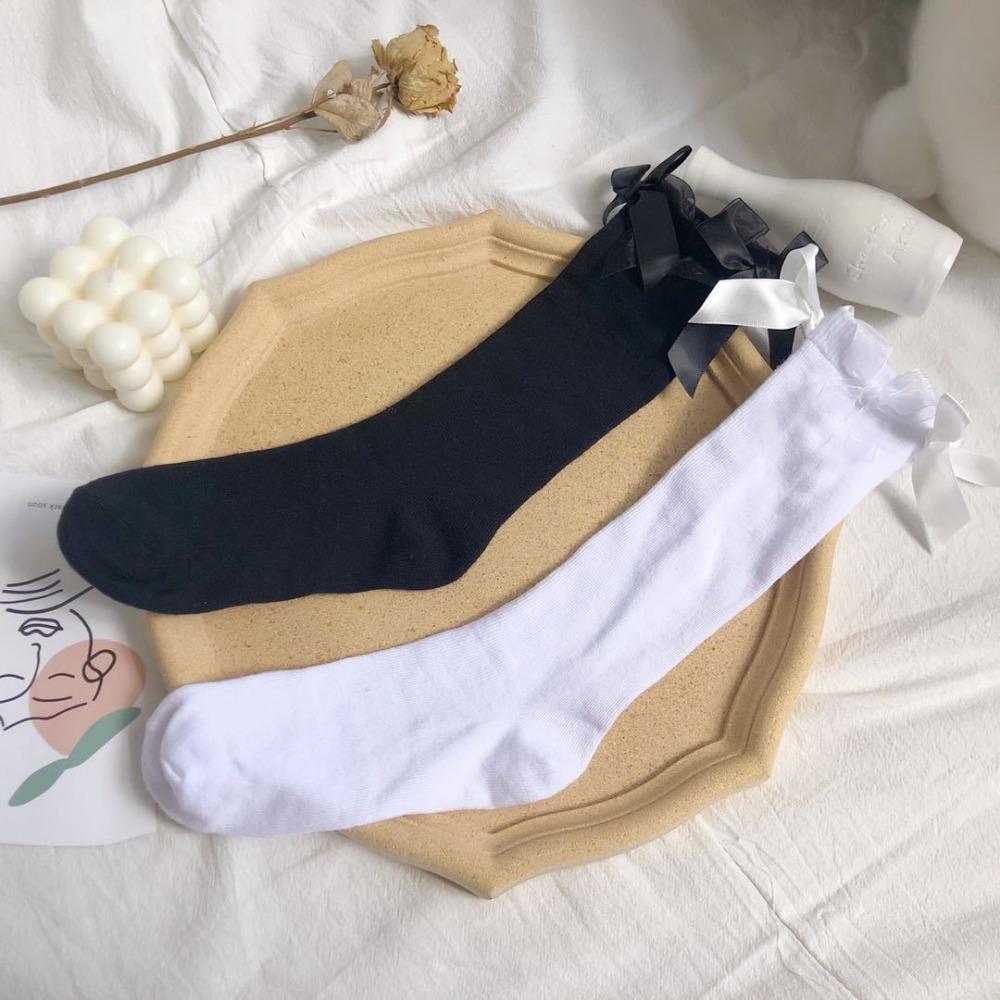 Japanese Lolita Retro White Satin Bow Trendy Cool Dark Jk Two Wear Stacked Calf Socks