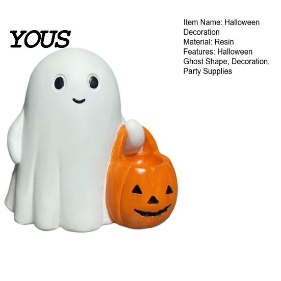 Holiday Ghost Ornament Halloween Holding Pumpkin Figurine, Spooky Statue with Decoration Night Light, Resin for Desk Tabletop Centerpiece