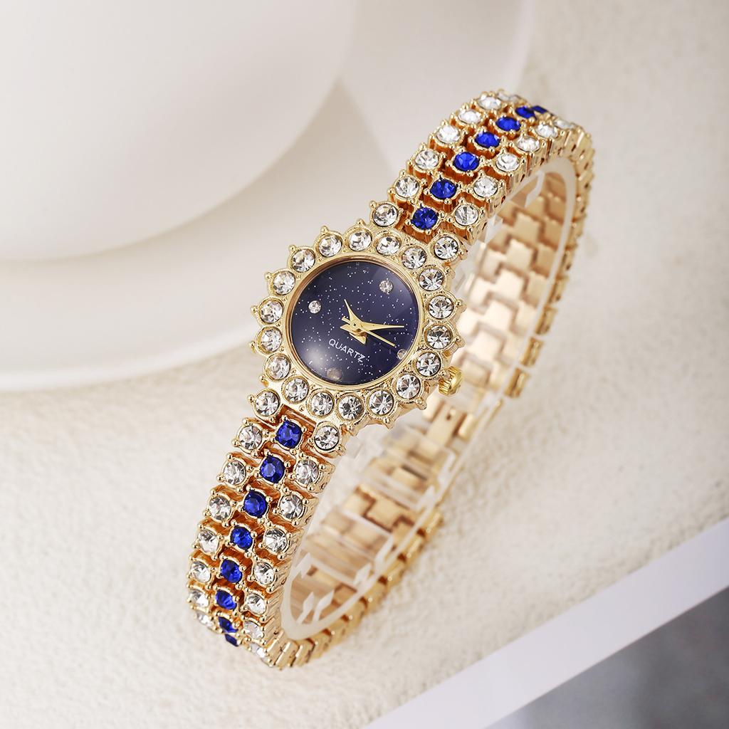 Golden Luxury Watch Women Ring Necklace Earring Rhinestone Fashion Wristwatch Casual Ladies Bracelet Watches Jewelry Set