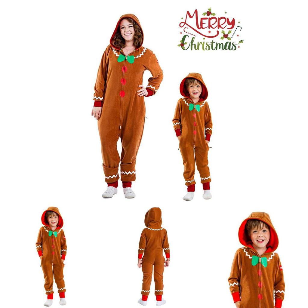 Gingerbread Man Cosplay Costume Xmas Party Clothes Adult Kids Hooded Jumpsuits