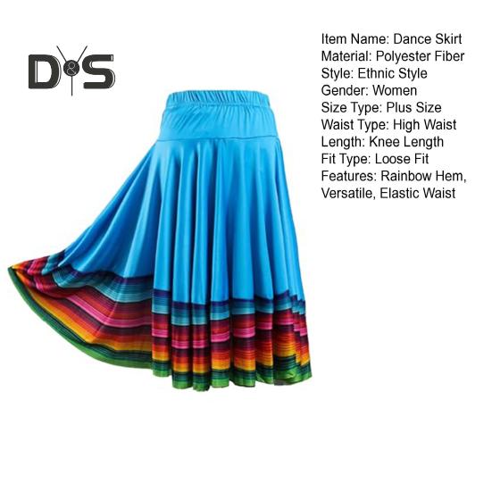 Midi Skirt Ladies Folk Dance Skirt Elastic High Waist Spanish Swing Skirt Rainbow Large Swing Hem Mexican Flamenco Performance Skirt