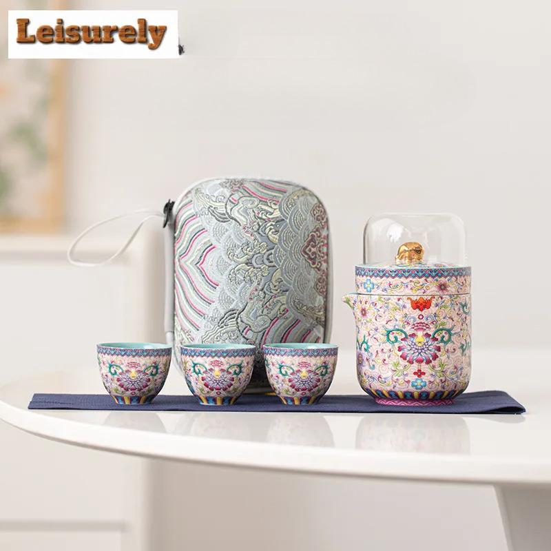 Chinesische Emaille Farbe Reise Tee Set Kit Luxus Set von Tassen 1 Kanne 3 Tassen Teebereiter Trennung Tee Set Tragbare Vorratstaschen Handwerk