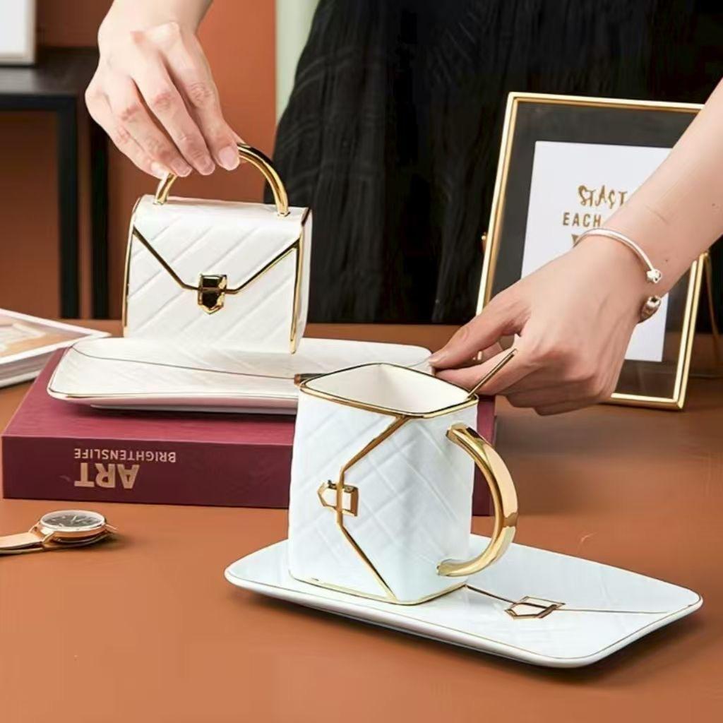 Luxury European Ceramic Coffee Cup Set – Bag Shape Mug with Saucer & Spoon