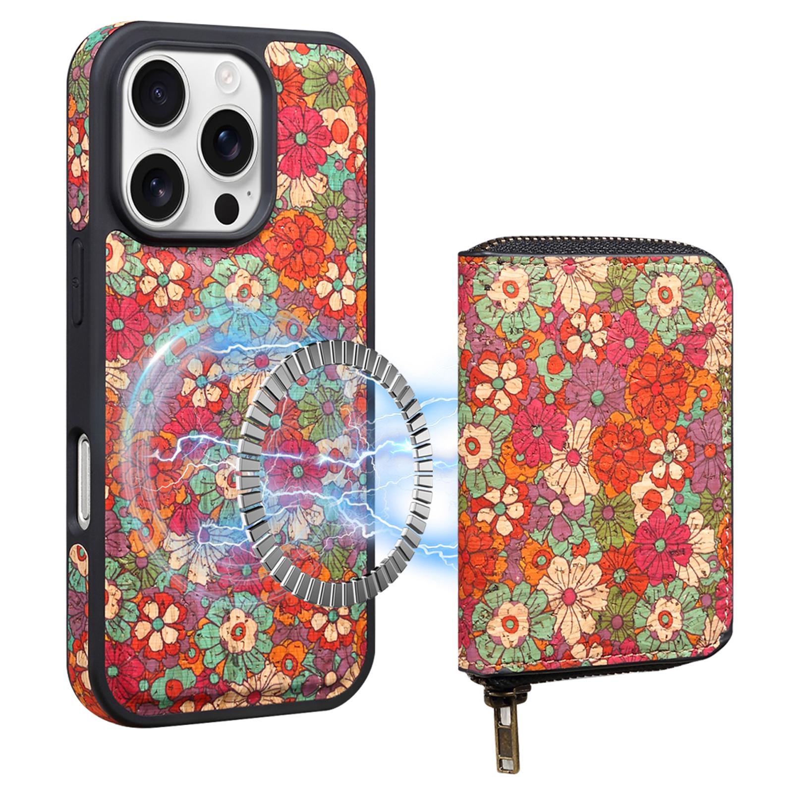 

For iPhone 16 Pro Magnetic Case with Detachable Zipper Card Bag Flower Leather Back Cover Red