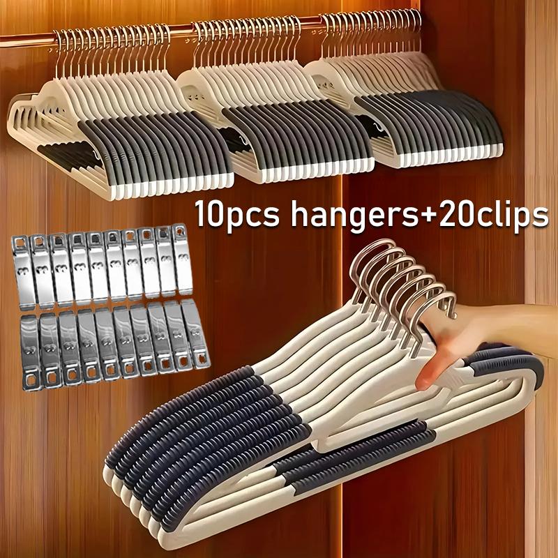 30Pcs (10pcs Pants Hangers + 20pcs Clips ) Anti-Slip & Stainless Steel | Compact Wardrobe Storage | White Orange Home Organizer