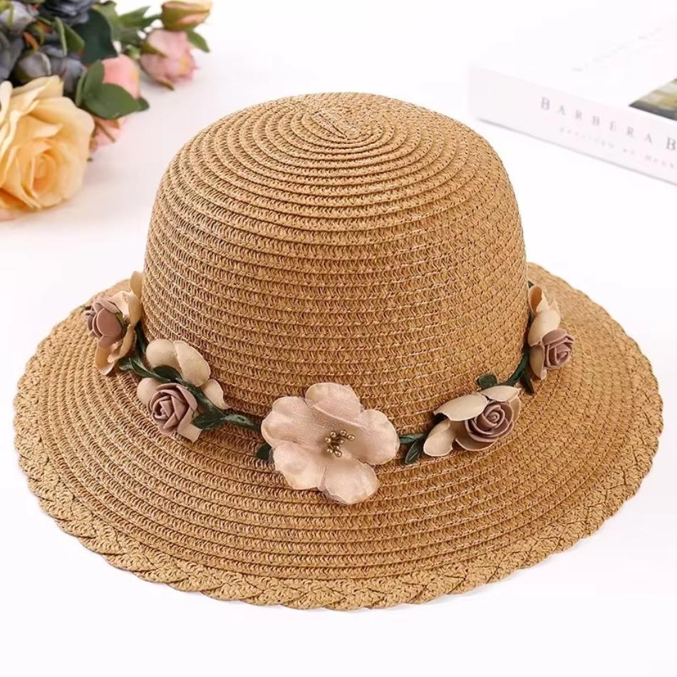 1 Pcs Wreath StrawHat Summer Sun Ladies Elegant Hat Female Vintage Hats Straw Beach Hat Flower String Woman Sunshade Caps