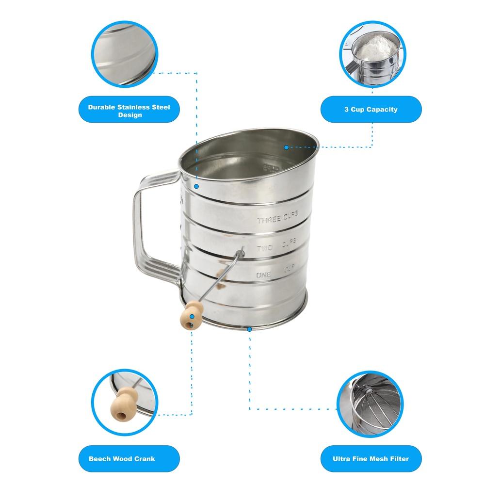 Edelstahl 3 Tassen Mehlsieb Handkurbel Ergonomischer Buchenholzgriff Backwerkzeug Langlebiges Küchenutensil Perfektes Sieben