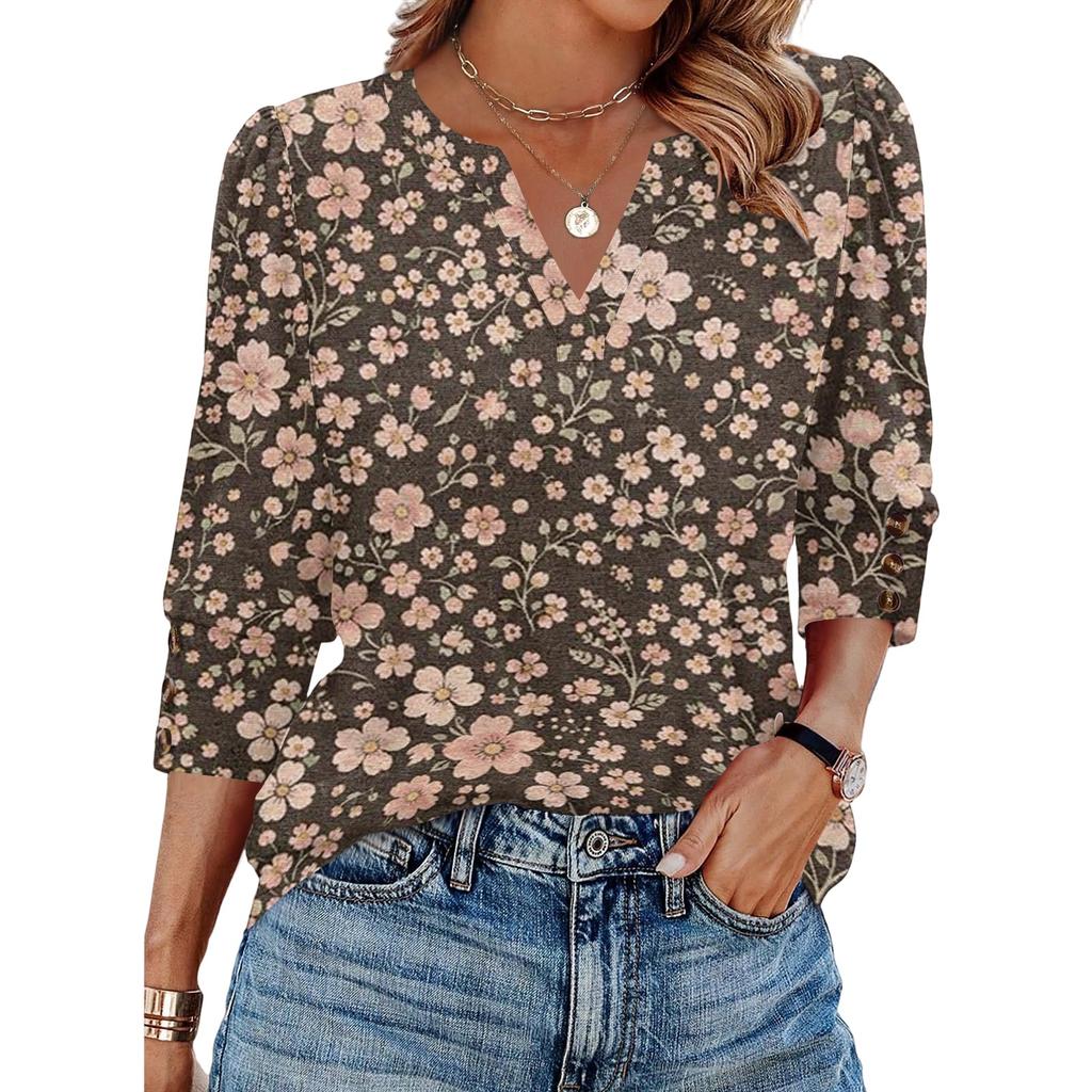 Bluză Casual de Damă cu Decolteu în V, Croială Largă, Mânecă 3/4, Imprimeu Floral, Detaliu cu Nasturi, Top Ușor pentru Purtare Zilnică