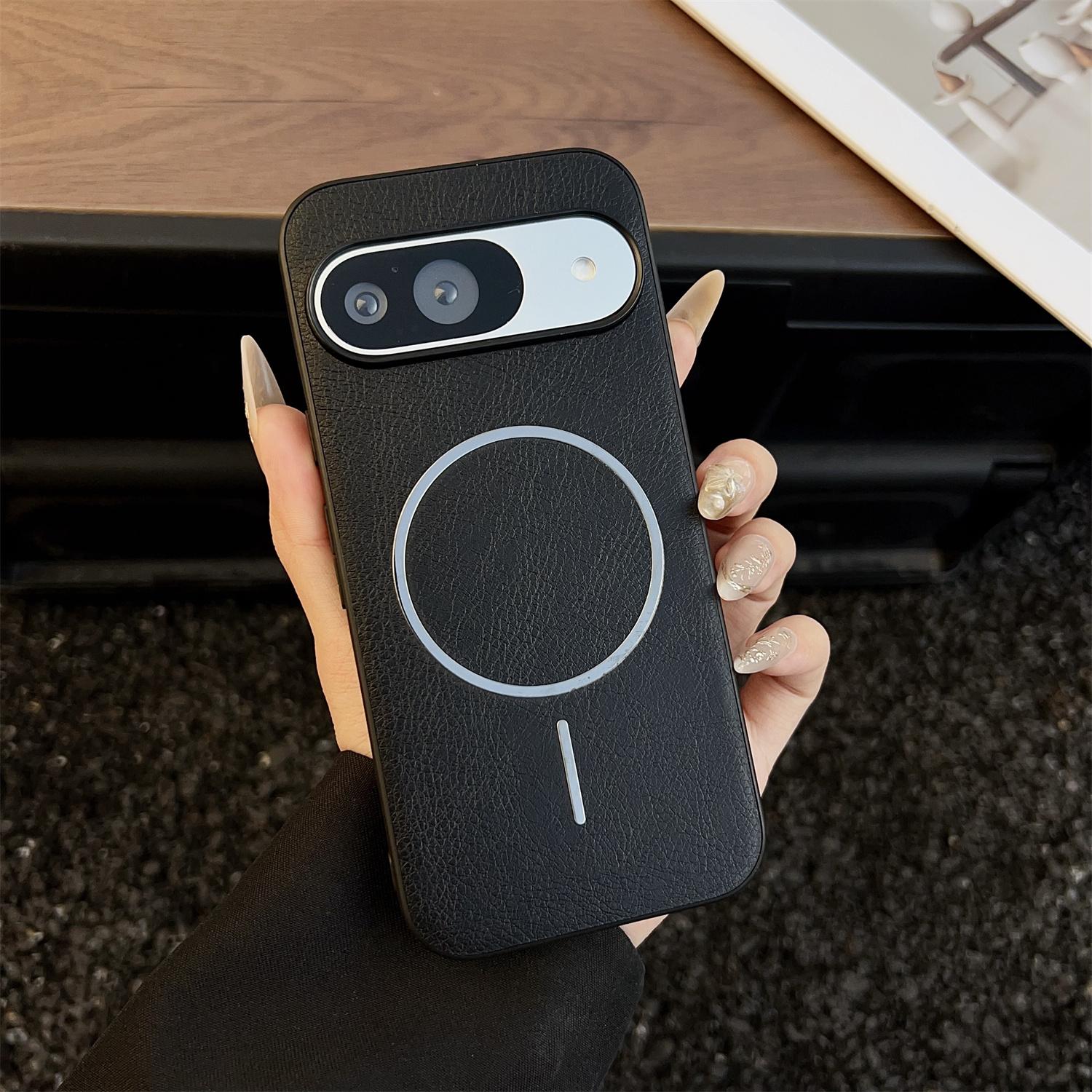 

For Google Pixel 10 Pro/Pixel 10 Case Compatible with MagSafe Crazy Horse Texture Leather Back Phone Cover Black