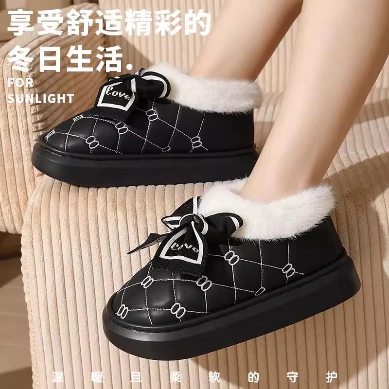 High-heeled cotton slippers, thick-bottomed bag and indoor household fashion versatile bow PU slippers, thickened and warm in winter