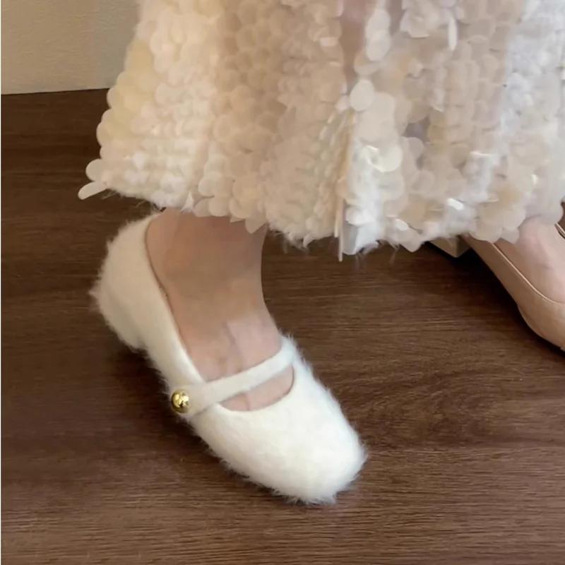 Fashion New Style Elegant Buckle Strap Fur Mary Jane Shoes Woman Cosy Soft Fluffy Ballet Flat Ladies Plush Shallow Loafers Concise Dress