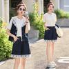 Sleeveless Denim Suit, Summer Women's Lace Splicing Denim Fashion Casual Denim Shorts Three-piece Set