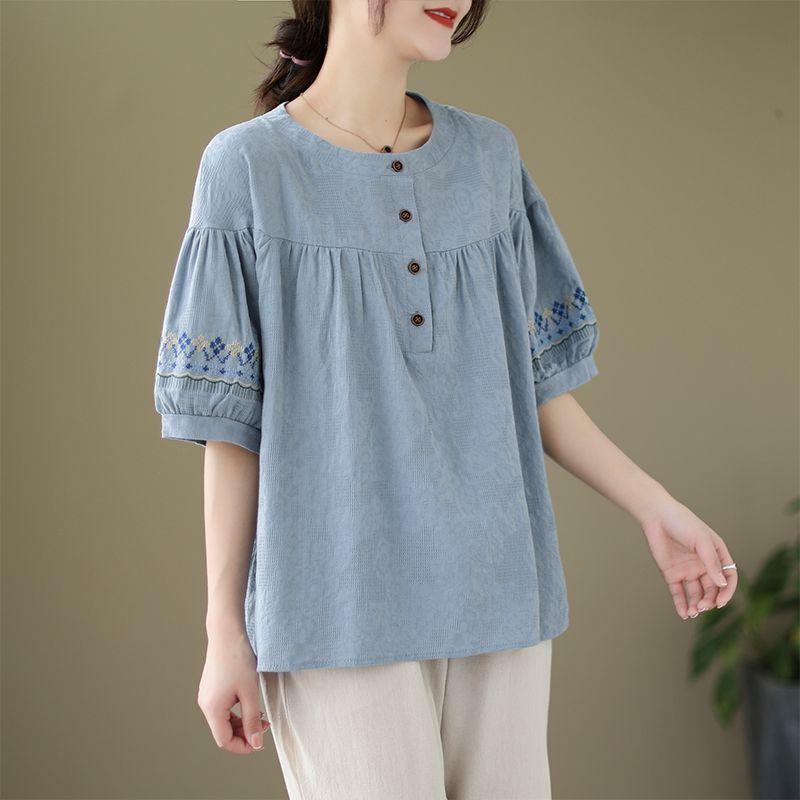 

Women s Summer Embroidered Cotton Linen Two-Piece Set: Stylish Top & Long Pants Plus Size M (90-115 jin)
