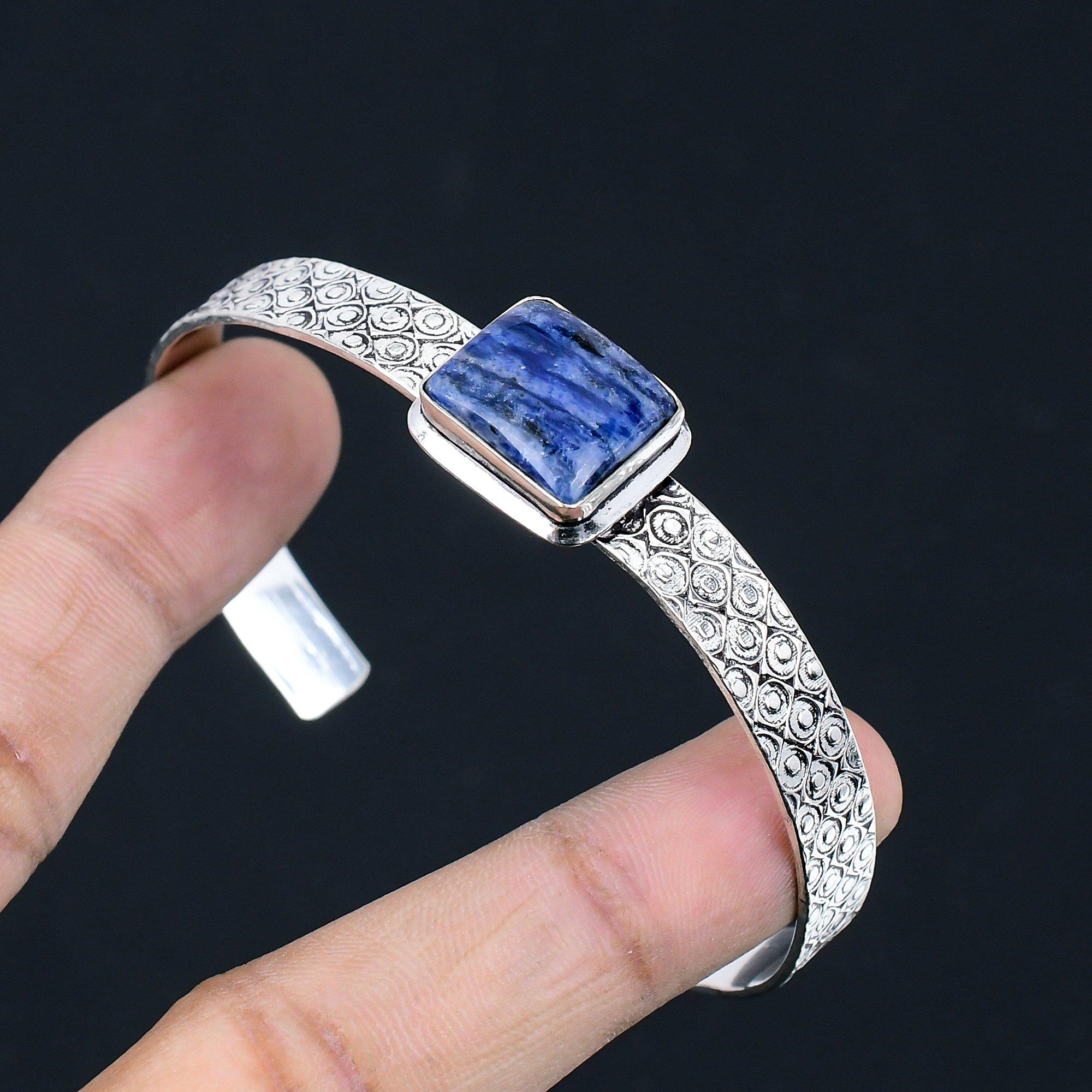 

Halloween Deal Sodalite Gemstone Sterling Silver Elegant Mother Bangle Bracelet Adjustable