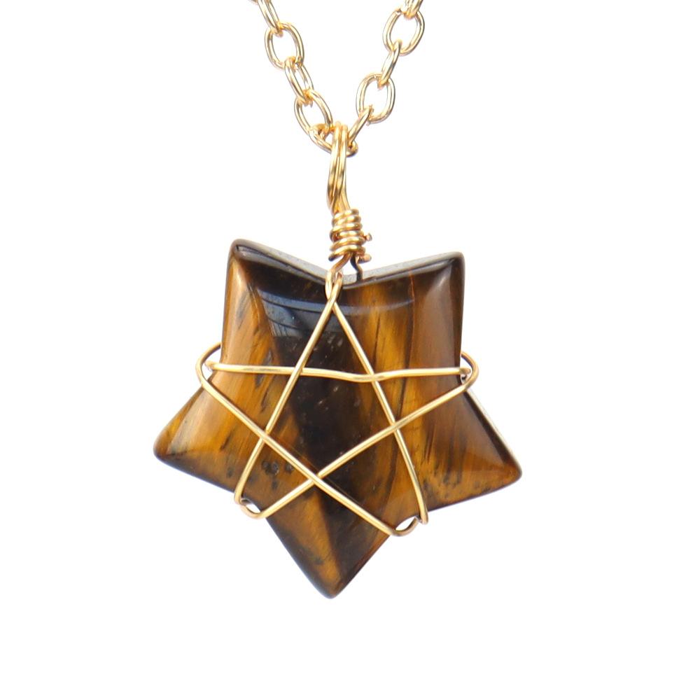Hand-Wound Gold Natural Crystal Agate Pentagram Tiger Stone Star Necklace N583