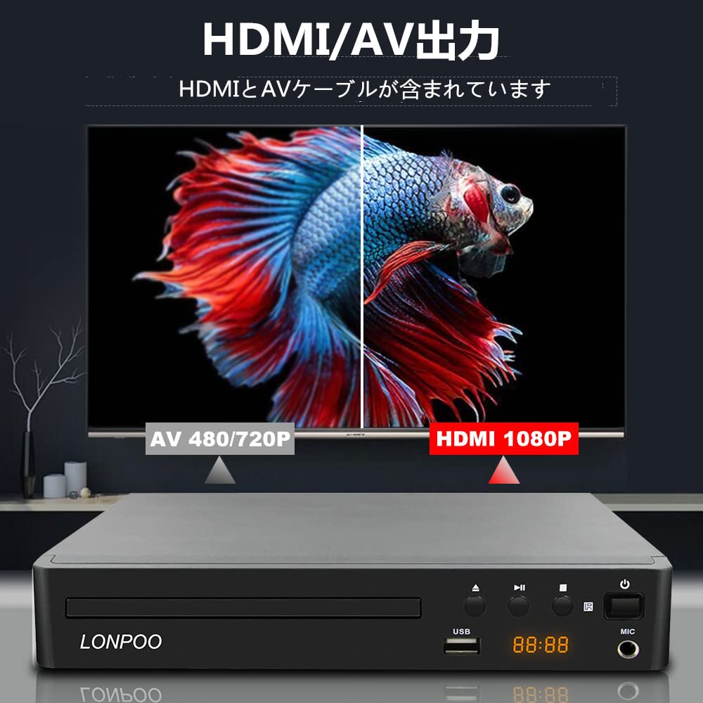 LONPOO DVD Region Output CPRM USB Karaoke Microphone LED Compact DVD Player for Includes Supports Remote Control Player, Free, HDMI/AV 1080P,