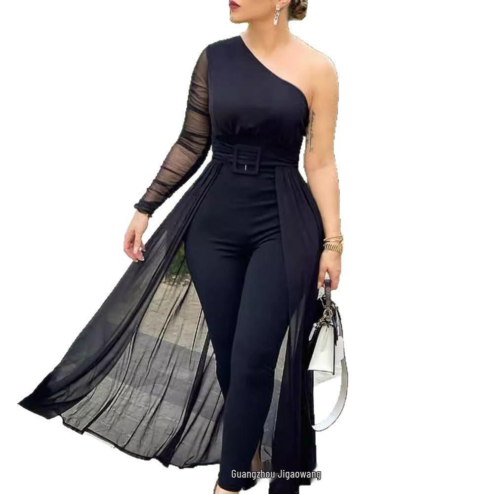 New Plus Size Black One-Shoulder Bodycon Jumpsuit for Women - European & American Style