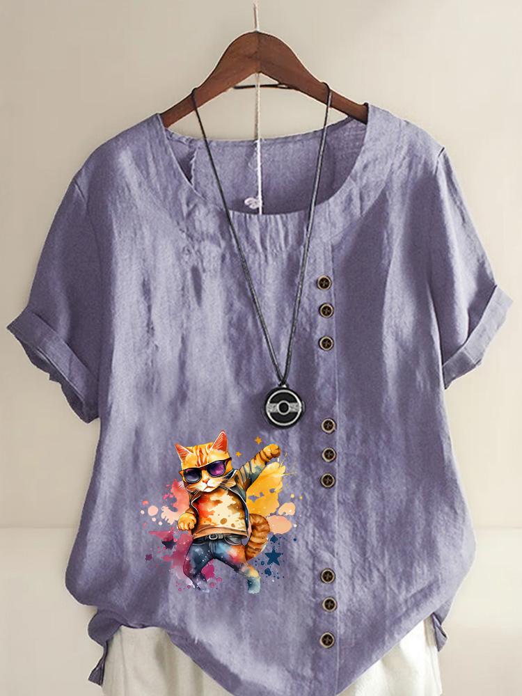 Women's Fashion Cool Cat Print Round Neck Short Sleeve T-shirt Casual Cotton Linen Graphic Shirt Leisure Loose Summer Blouse Tops