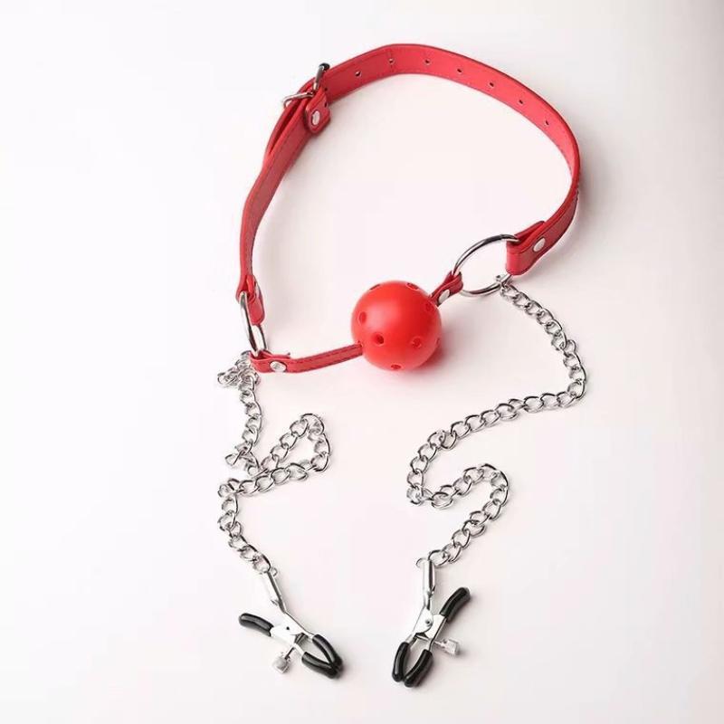 PU Leather Oral Sex Toy with Chain Clip Breast Nipple Clamps Bondage Harness Adult Game - Erotic Toy Mouth Gag Ball