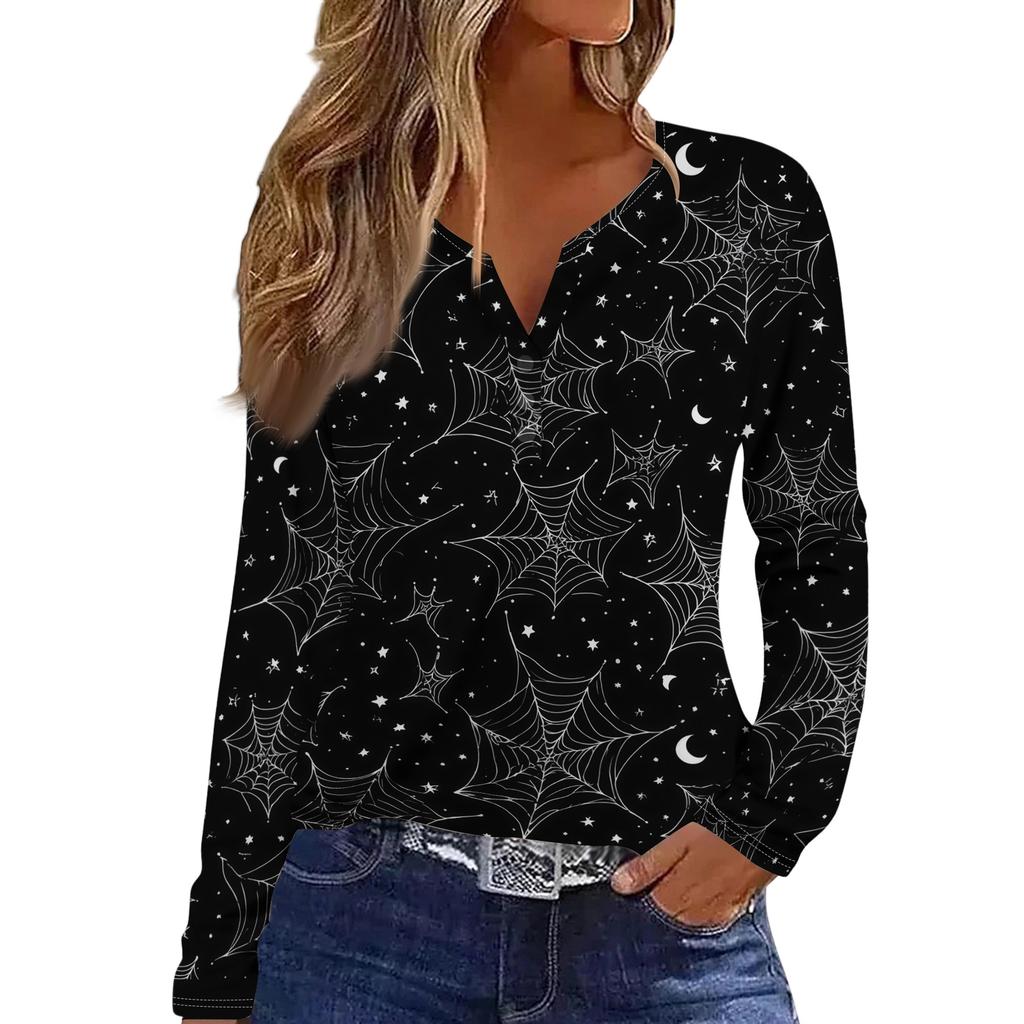 Haut T-shirt Décontracté Mode Femme Imprimé Halloween Col en V Bouton Bordure Manches Longues