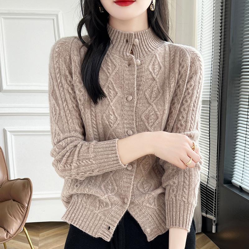 Heavy Knit Half High Neck Slim Fit Cashmere Cardigan Sweater for Spring & Autumn