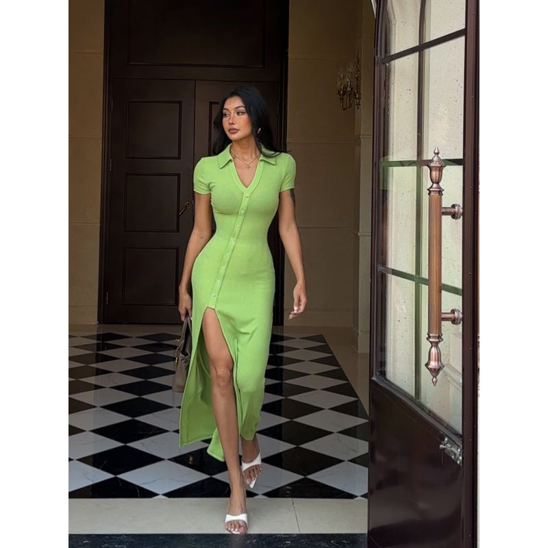 

[Mi Mijia] Lime Mint European and American Gyaru Slimming Sexy Retro Diagonal Slit Dress 25/Y532 Black S