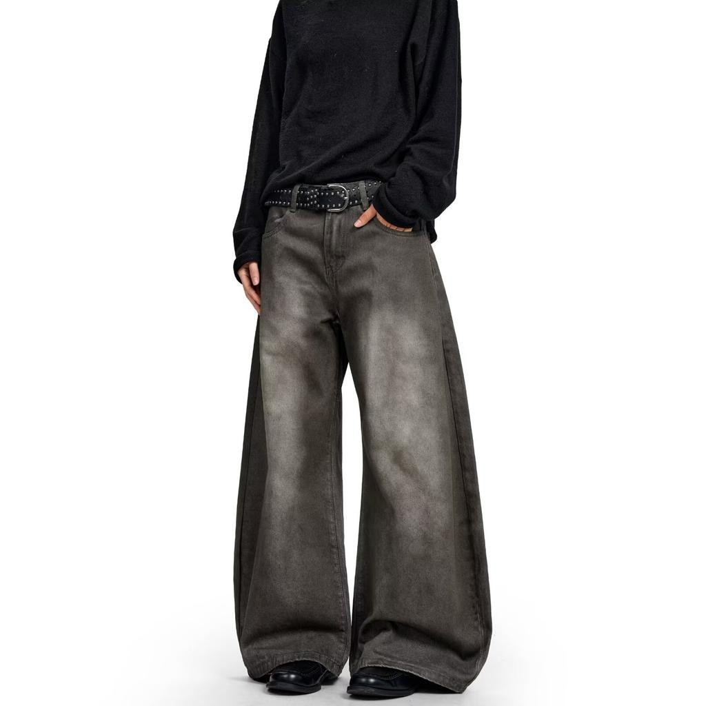 American vintage washed old jeans men's trendy brand loose straight cleanfit high street ruffian handsome wide-leg trousers
