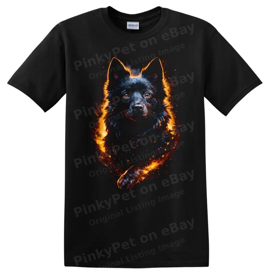 Black Dog Fire Flames Artwork T Shirt Graphic Animal Lover Tee