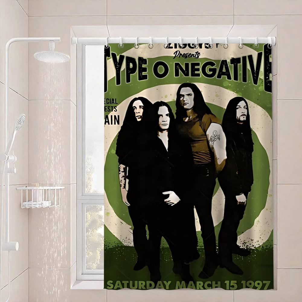 Rock Band T-Type O N-Negative Polyester Shower Curtain Waterproof Rust Resistant Grommet Easy Care Wipe Clean Durable