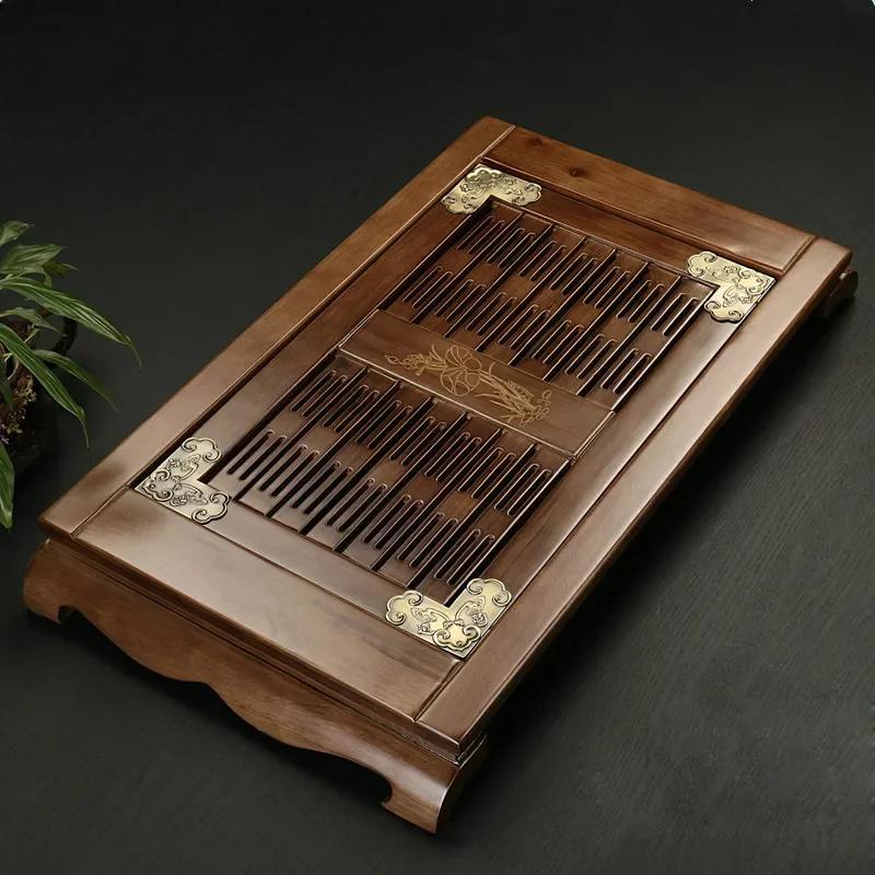 Chinese Solid Wooden Tea Tray Teaware Kung Fu Tea Set Carving Table Drawer Type Storage Drainage Tea Board Vintage Home Decor