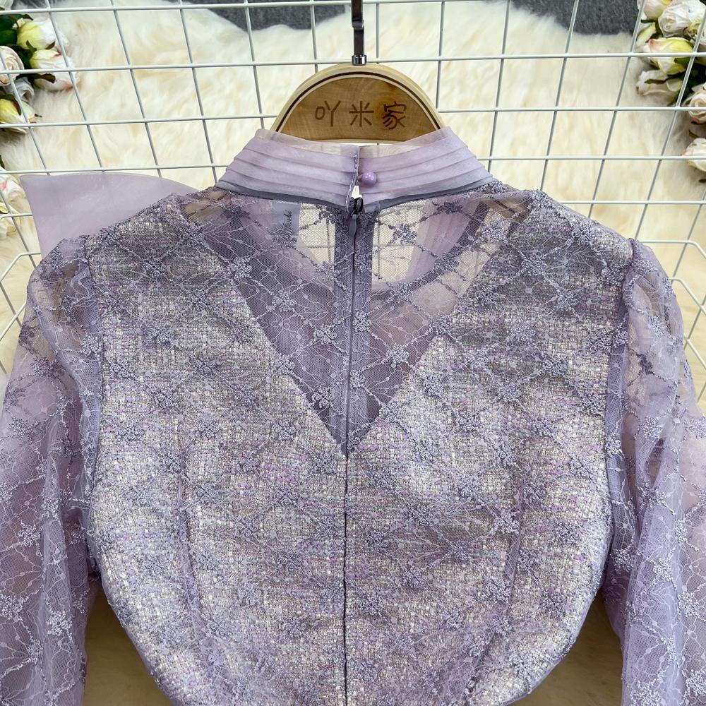 Jaro podzim ženy elegantní fialová výšivka síťovaná tvídová patchworková párty šaty motýlek korálkové mini krátké šaty