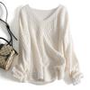 Women's Autumn/Winter Mid-Length Causal Lace-Up V-Neck Knit Sweater Solid Color Crochet Pullover Top