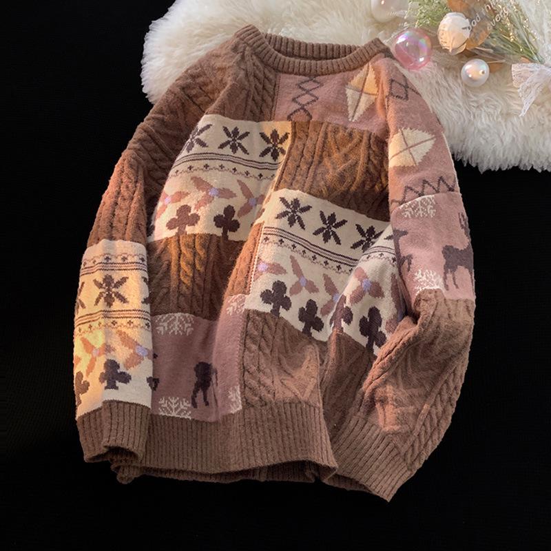 Men's Retro Patchwork Knit Sweater: Warm, Thick, Stylish, and Loose-Fit Winter Jacket