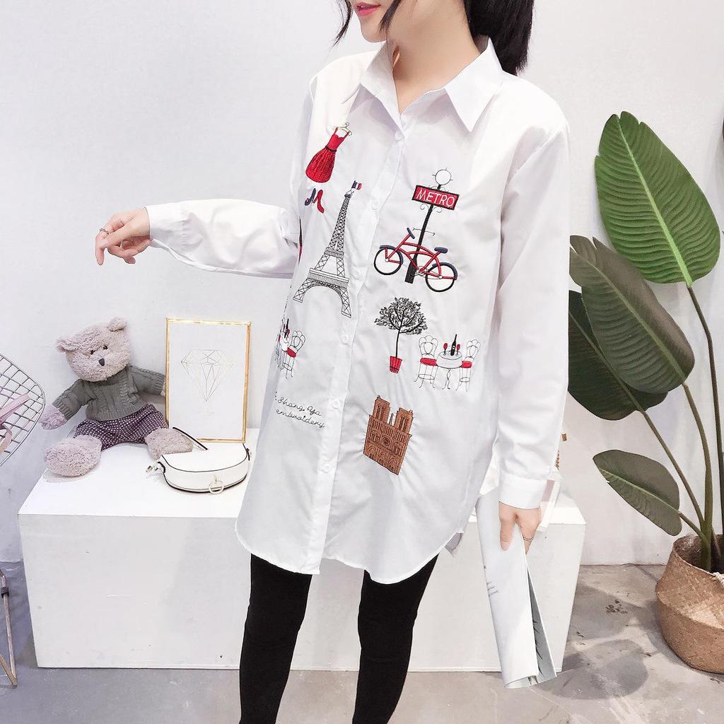 Damen Locker Geschnittenes Mittellanges Bedrucktes Weißes Hemd - Herbst Koreanischer Stil