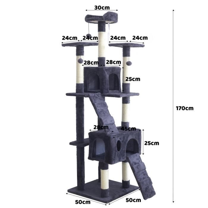 BILLY Dark Grey Cat Tree 50 X 50 X 170 Cm - 5 Platforms, 2 Stairs, 2 Dens, Scratching Posts