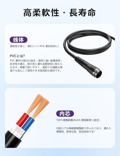 Nastima Electric Reel Extension Cable, 2-Core, 1.5m, for BM-Specific Batteries, Compatible with Shimano and Daiwa Electric Reels