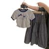 Girls' Contrast Edge T-Shirt & Plaid Skirt Set - Cartoon Embroidery (2-Piece Summer Outfit)