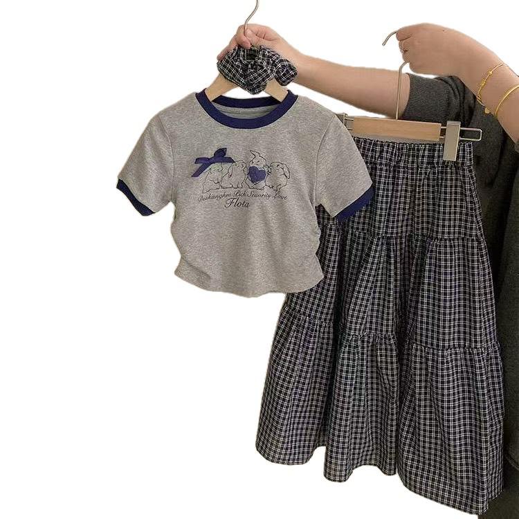 Girls' Contrast Edge T-Shirt & Plaid Skirt Set - Cartoon Embroidery (2-Piece Summer Outfit)