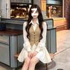 Fake Two-piece Vest Shirt Skirt Woman Autumn Waist Thin Lantern Sleeves Big Swing Short Skirt College Style Commuter Small Man
