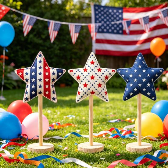 6 Pcs 4th of July Star Ornaments for Tiered Tray Decor, Patriotic Stuffed Fabric Star with Stand, American Blue
