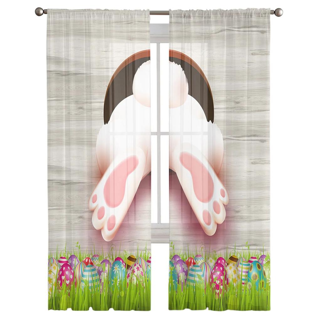 Happy Easter Bunny Butt Grass Egg Tulle Curtains For Living Room Bedroom Voile Sheer Curtain Window Home Decor Drapes