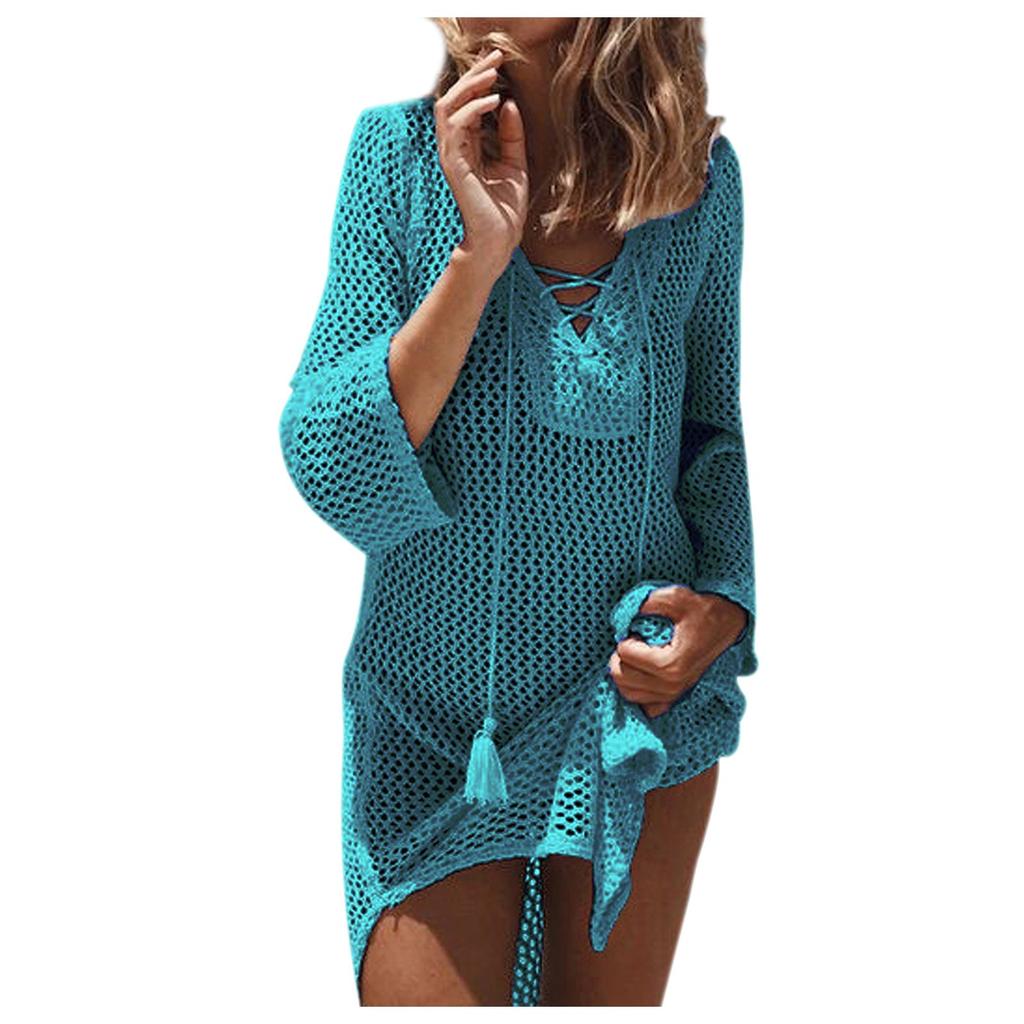 Women's Sleeve Coverups Bikini Hollow Cover Up Lace-up Net Beach Swimsuit Dress
