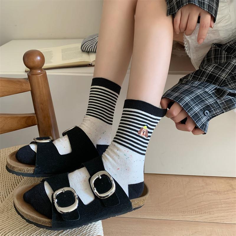 Women's Spring and Summer Versatile Casual Cartoon Color Blocked Dachshund Embroidered Breathable Sports Mid Calf Socks